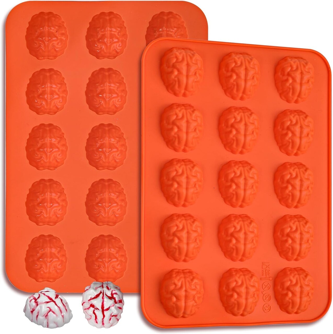 Brain Chocolate Mold, 2 Pack Silicone Halloween Brain Molds (15 Cavity Each), BPA Free Flexible Candy Mold for Chocolate, Candy, Jello, Ice Cubes, Cupcakes, Halloween Party Treats